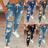 Drawstring Denim Jeans Women Ripped Hole Stretch Jean Sexy  Slim High Waist Ladies Plus Size Full Length Pencil Pants